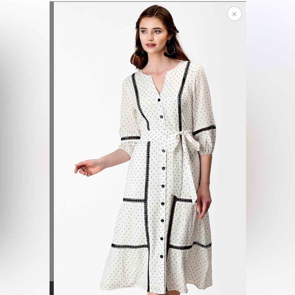 Eshakti Lace Trim Swiss Dot Cotton Shirtdress NWOT